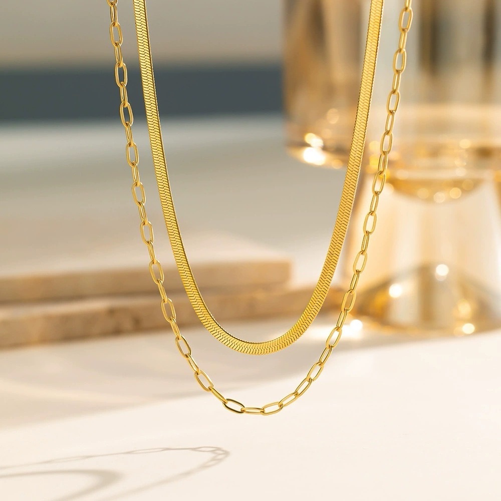 18K Gold Plated Double Layered Necklace*Paperclip Chain Snake Herringbone*YB